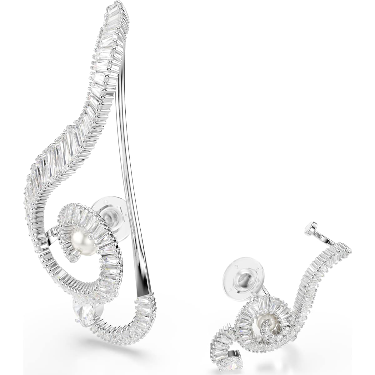 Ariana Grande x Swarovski clip earrings Asymmetrical design, Crystal pearl, Baguette cut, White, Rhodium plated - Image 3