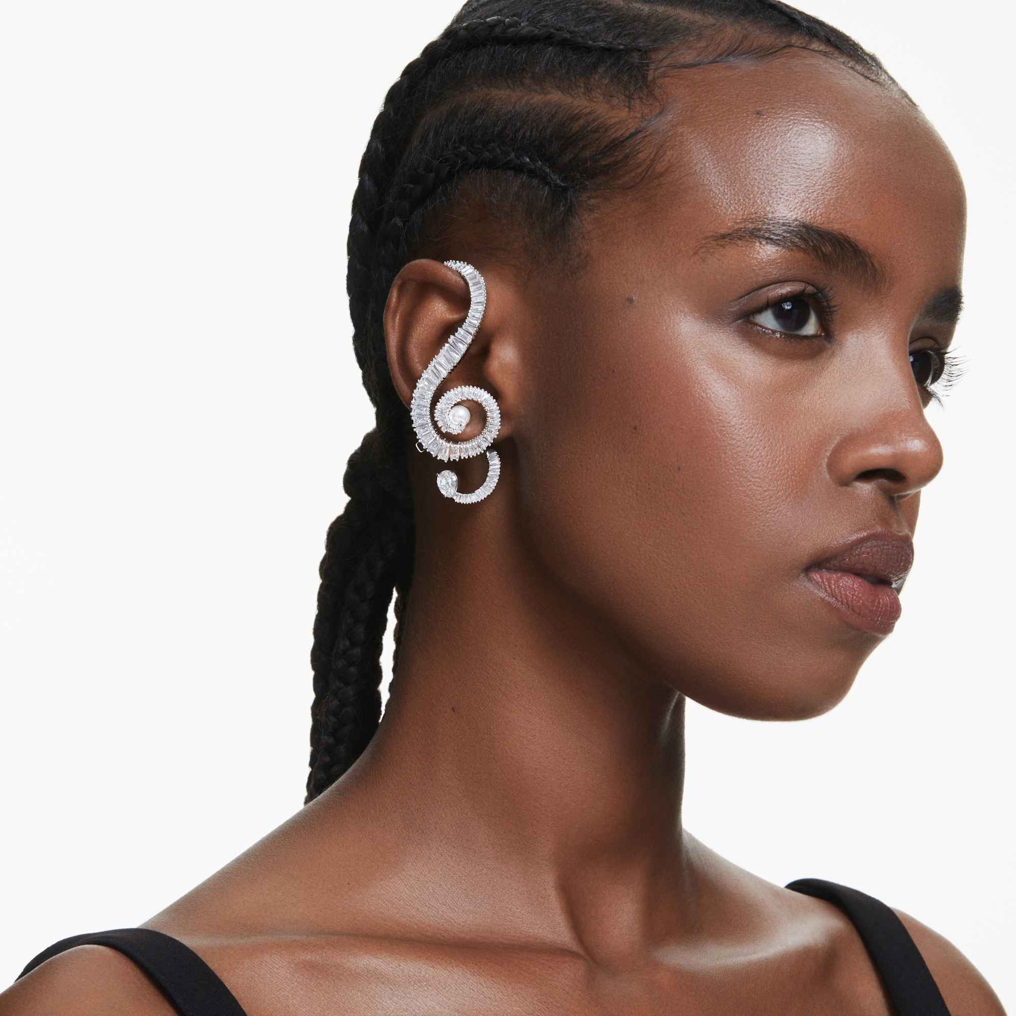 Ariana Grande x Swarovski clip earrings Asymmetrical design, Crystal pearl, Baguette cut, White, Rhodium plated - Image 5