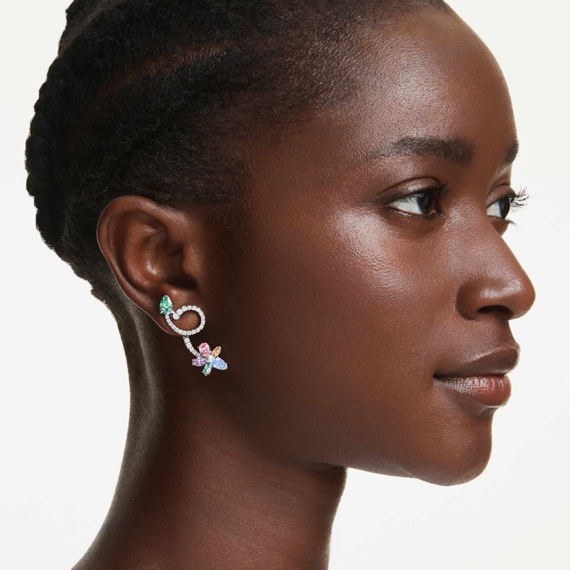Ariana Grande x Swarovski drop earrings with ear jacket Mixed cuts, Dragonfly, Flower, Multicolored, Rhodium plated - Image 3