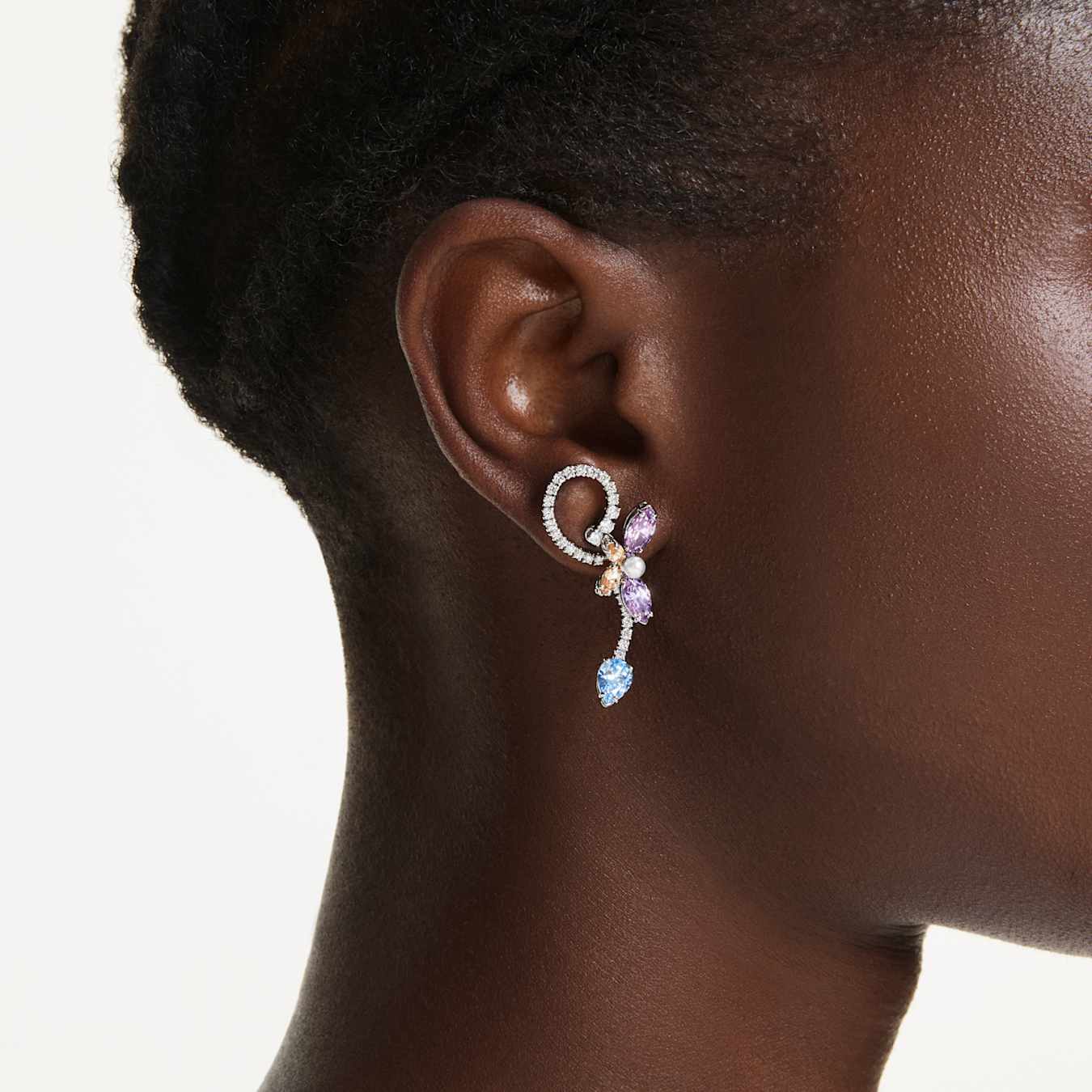 Ariana Grande x Swarovski drop earrings with ear jacket Mixed cuts, Dragonfly, Flower, Multicolored, Rhodium plated - Image 6