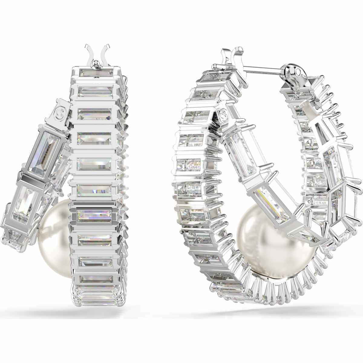 Ariana Grande x Swarovski hoop earrings Crystal pearl, Baguette cut, White, Rhodium plated - Image 4