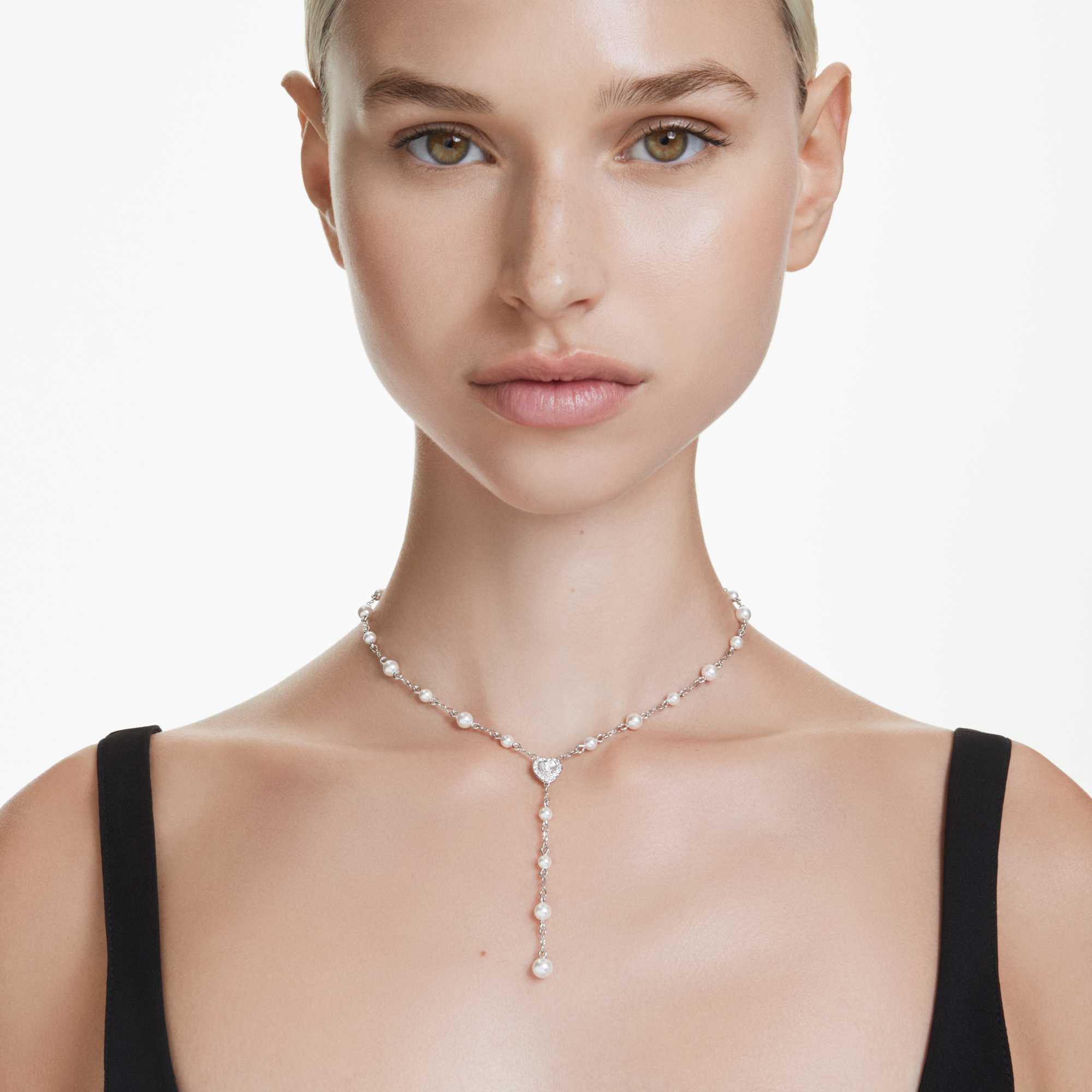 Ariana Grande x Swarovski Y necklace Crystal pearl, Mixed cuts, Heart, White, Rhodium plated - Image 5