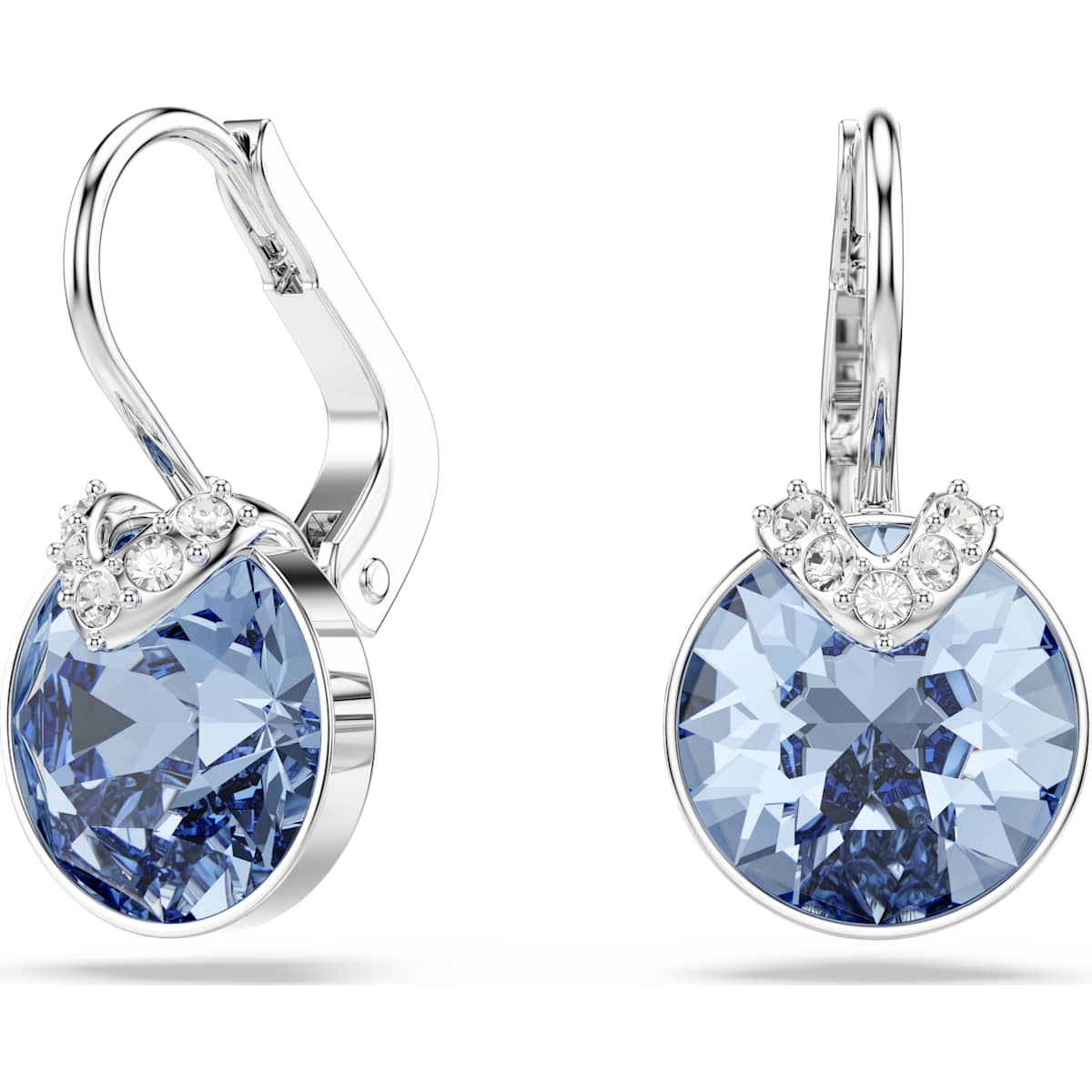 Bella V drop earrings Round cut, Blue, Rhodium plated