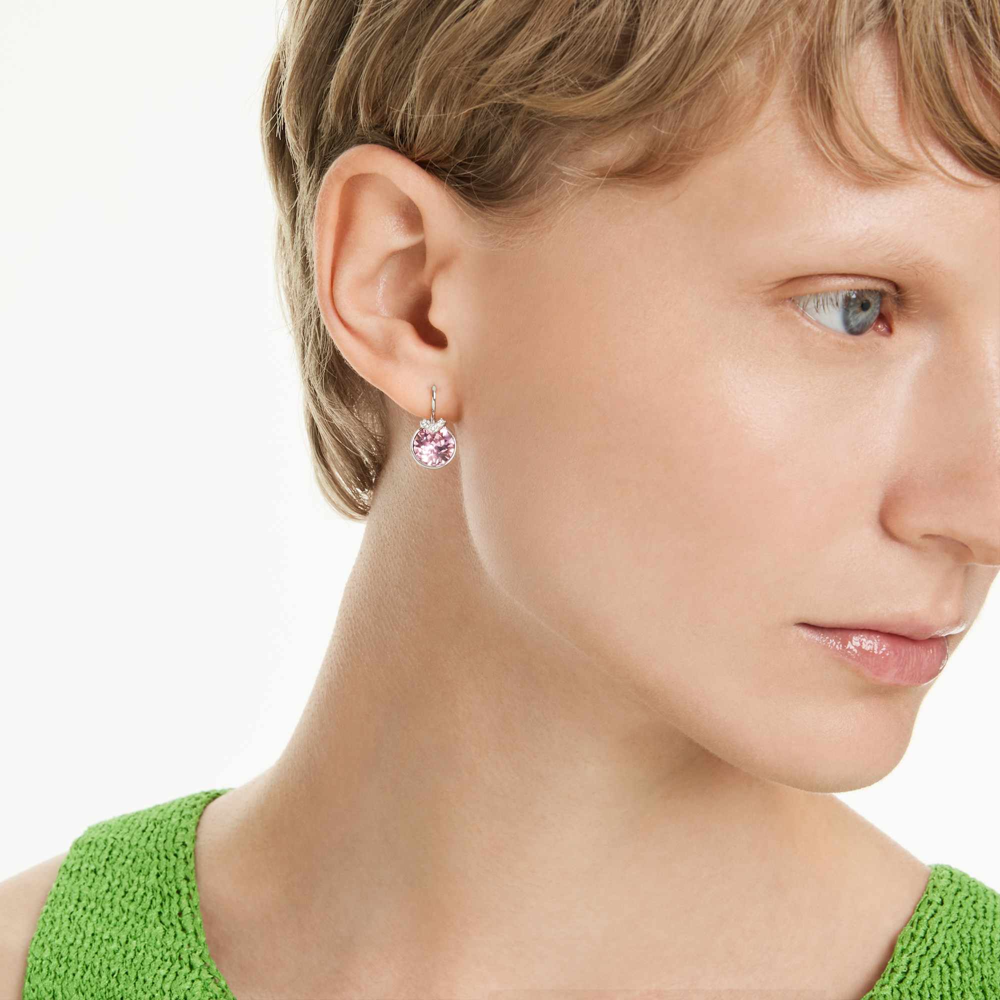 Bella V drop earrings Round cut, Pink, Rhodium plated - Image 5