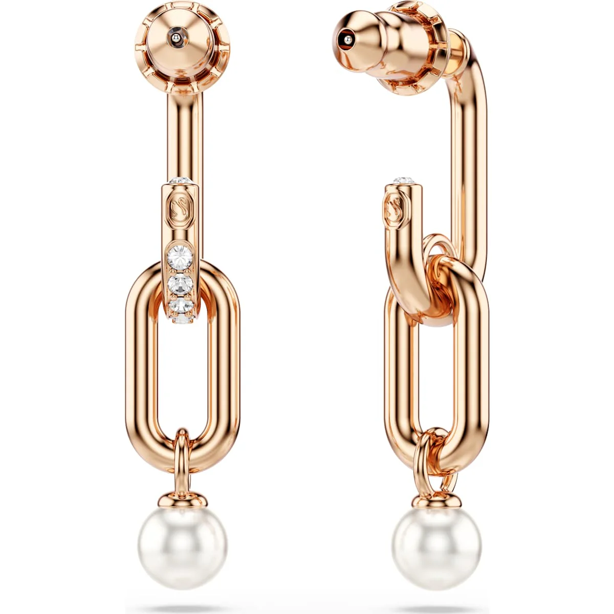Constella drop earrings, Crystal pearl, Round cut, White, Rose gold-tone plated - Image 4