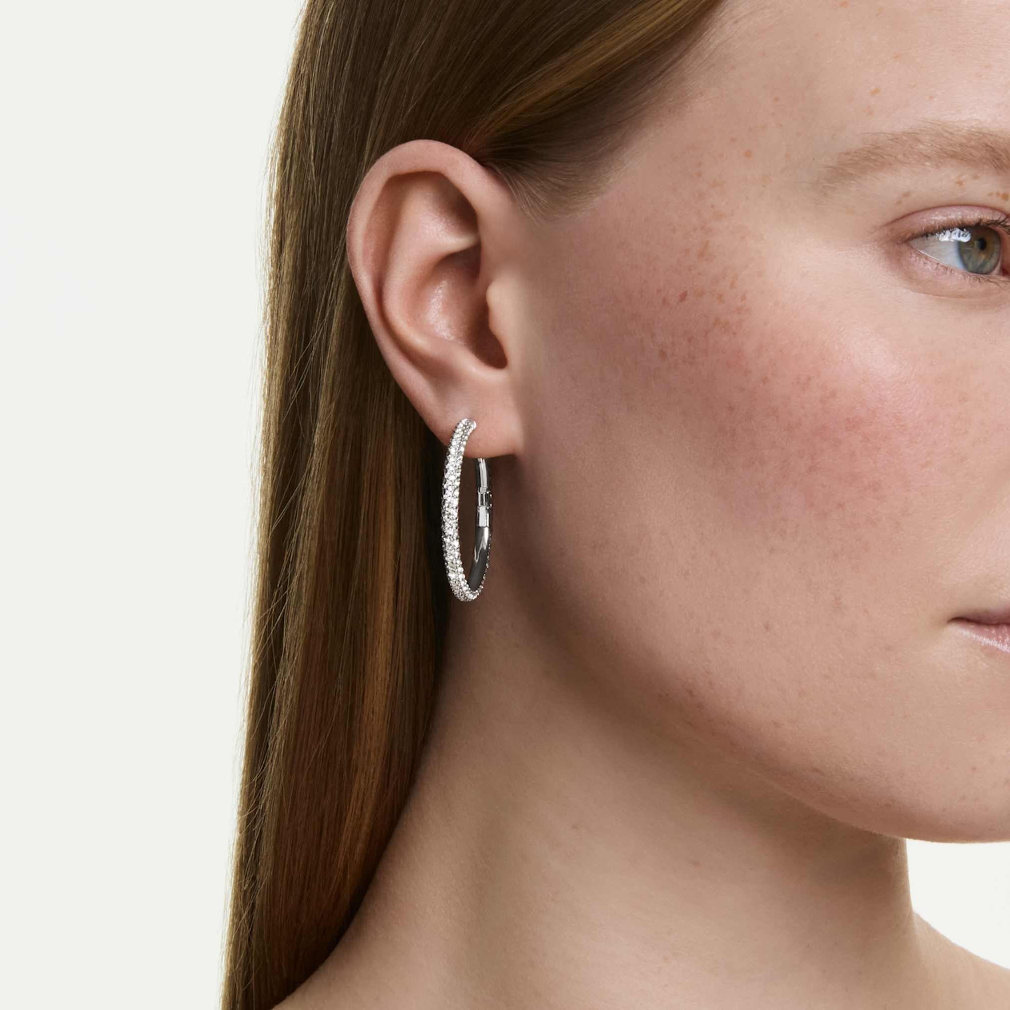 Dextera hoop earrings Round cut, White, Rhodium plated - Image 5