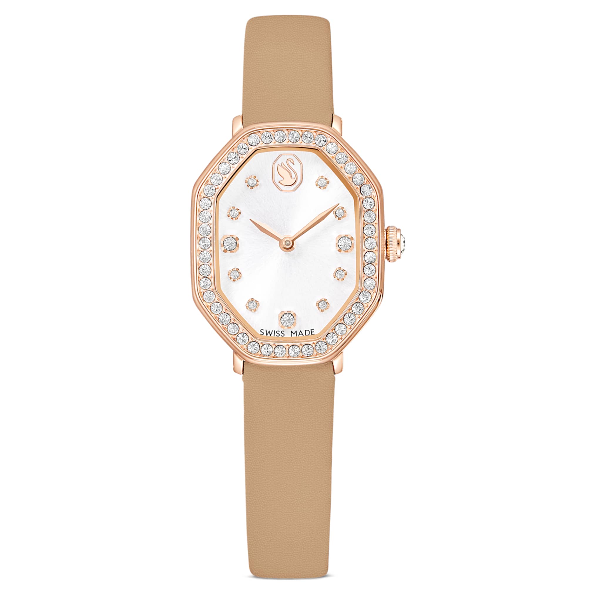 Dextera octagon watch Swiss Made, Leather strap, Brown, Rose gold-tone finish