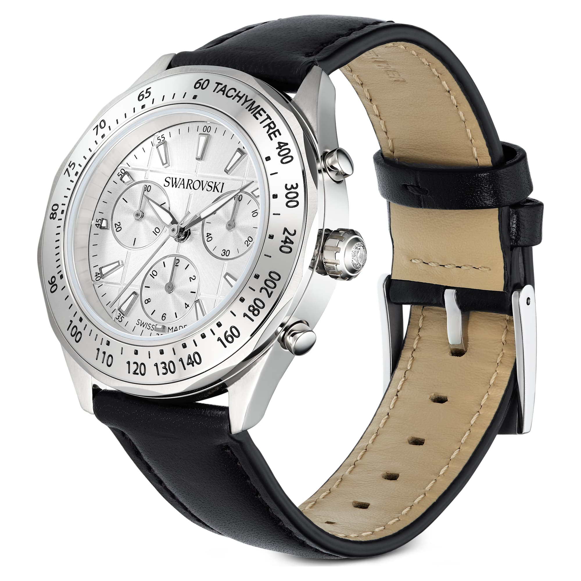 Dextera tachymetre watch Swiss Made, Leather strap, Silver tone, Stainless steel - Image 2