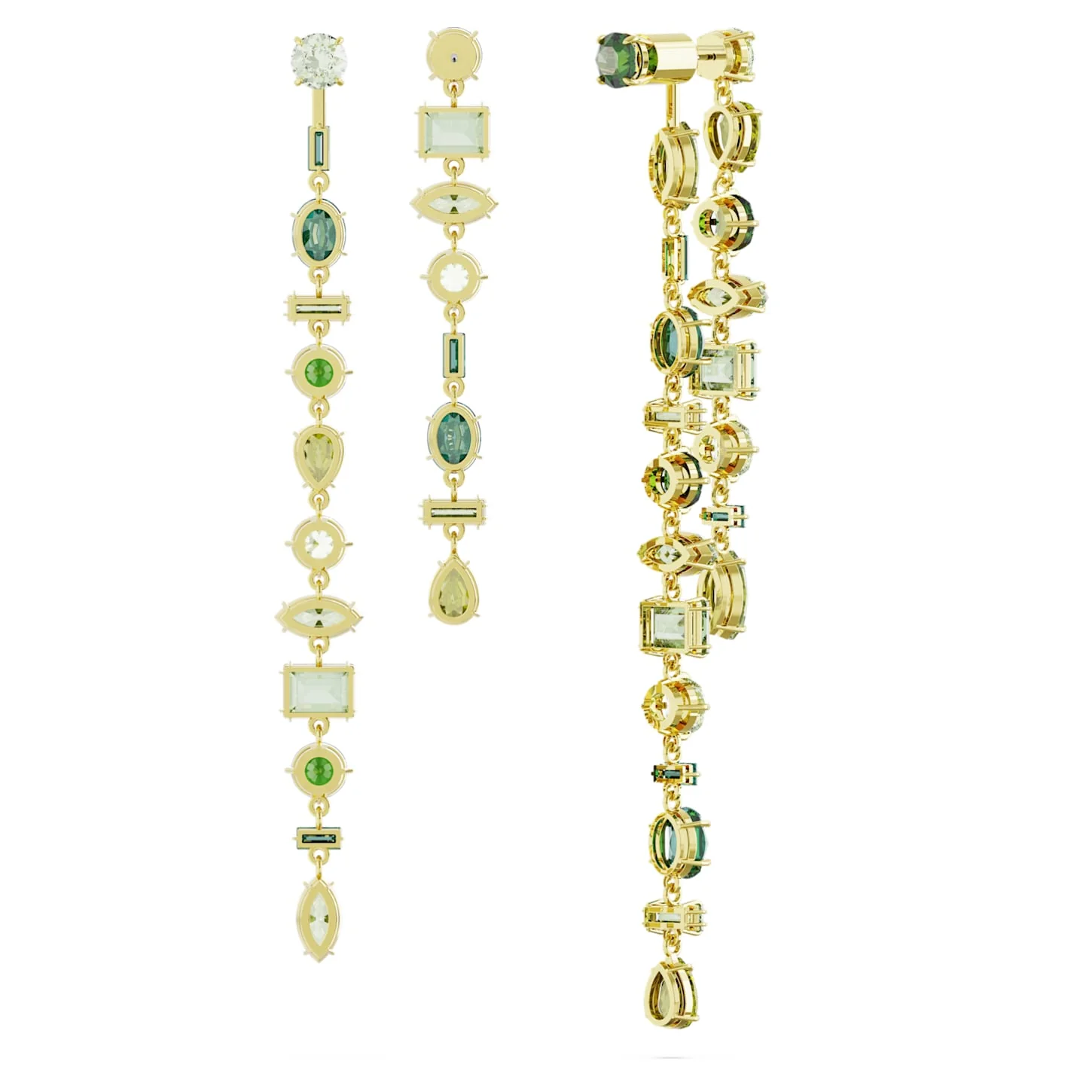 Gema drop earrings Asymmetrical design, Mixed cuts, Extra long, Green, Gold-tone plated - Image 4
