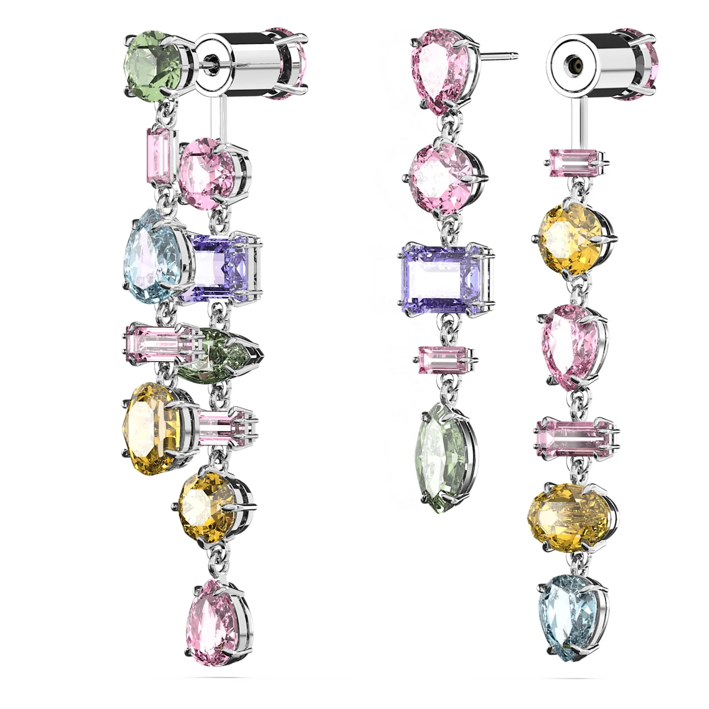 Gema drop earrings Asymmetrical design, Mixed cuts, Long, Multicolored, Rhodium plated - Image 3