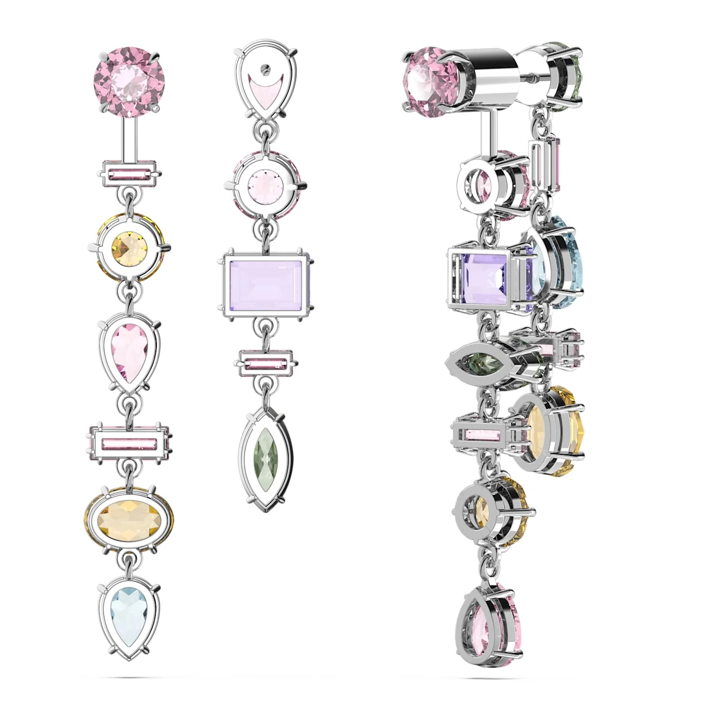 Gema drop earrings Asymmetrical design, Mixed cuts, Long, Multicolored, Rhodium plated - Image 4