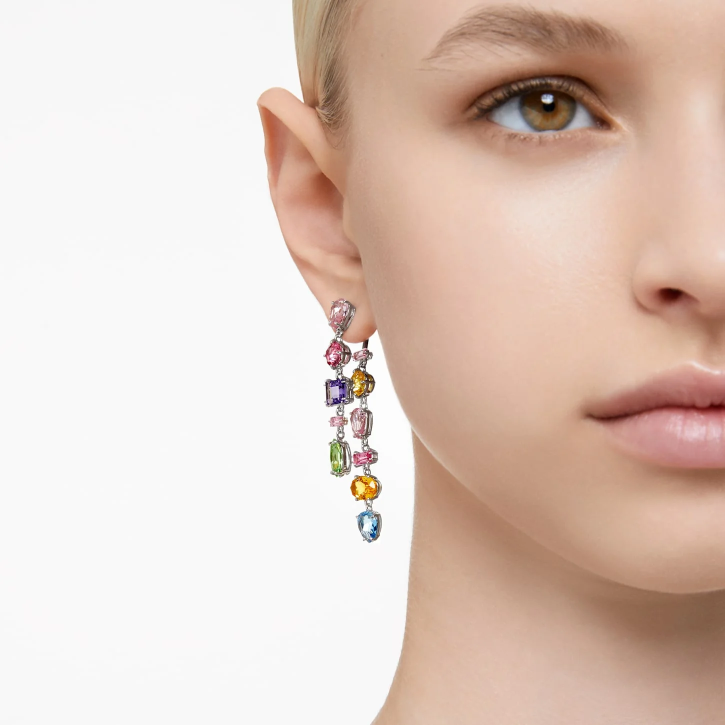 Gema drop earrings Asymmetrical design, Mixed cuts, Long, Multicolored, Rhodium plated - Image 5