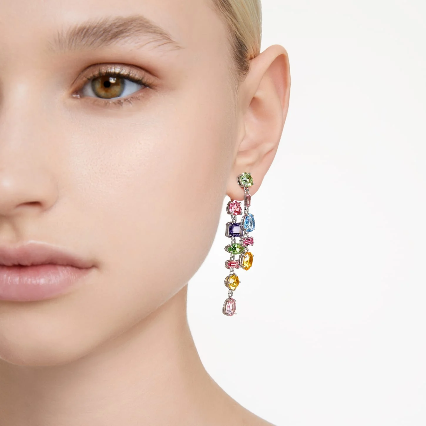 Gema drop earrings Asymmetrical design, Mixed cuts, Long, Multicolored, Rhodium plated - Image 6