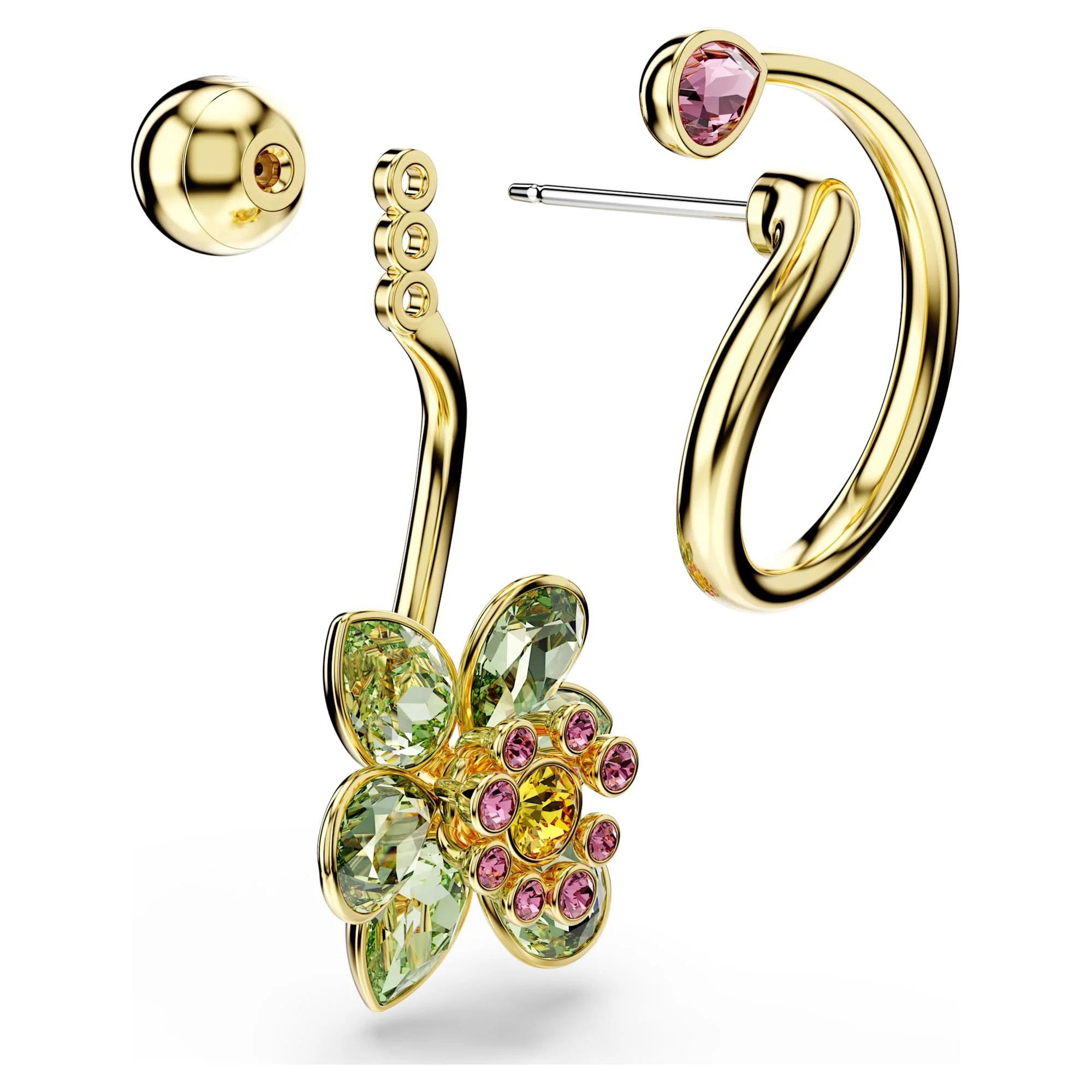 Idyllia drop earrings Asymmetrical design, Mixed cuts, Flower, Multicolored, Gold-tone plated - Image 3