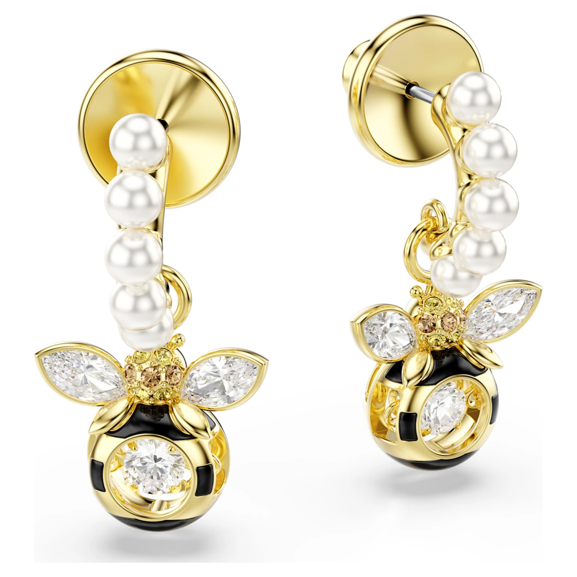 Idyllia drop earrings Crystal pearl, Mixed cuts, Bee, Multicolored, Gold-tone plated - Image 3