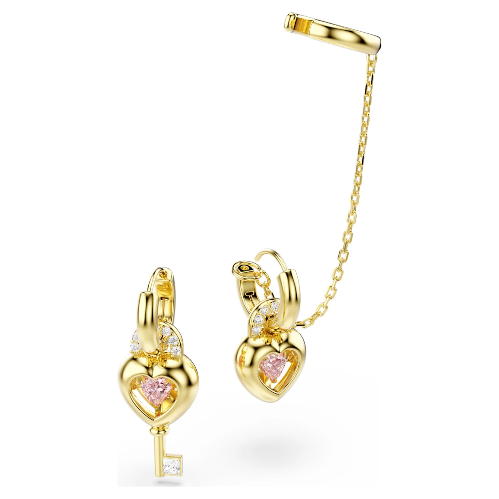 Idyllia drop earrings with ear cuff Mixed cuts, Heart with key, Pink, Gold-tone plated - Image 3