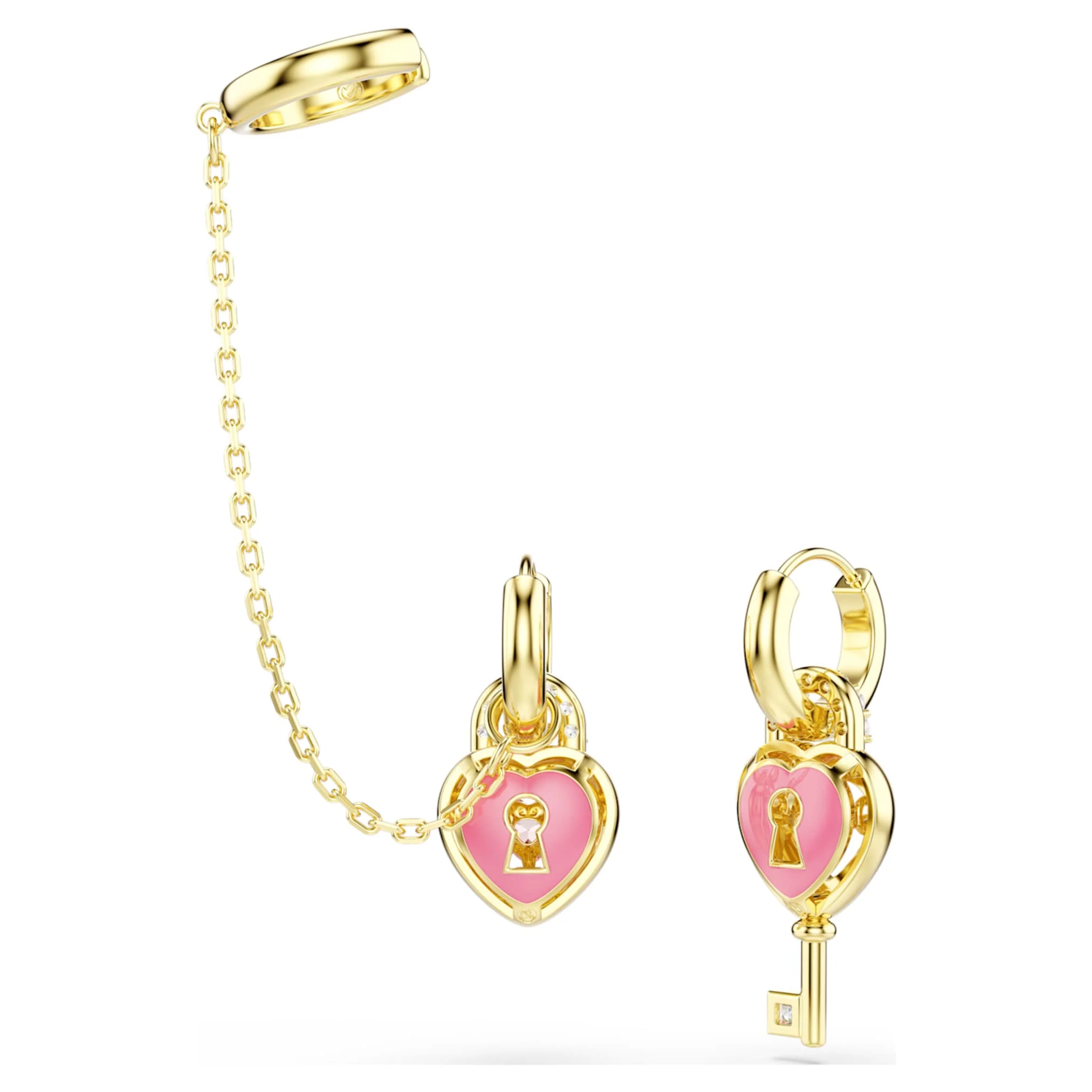 Idyllia drop earrings with ear cuff Mixed cuts, Heart with key, Pink, Gold-tone plated - Image 4