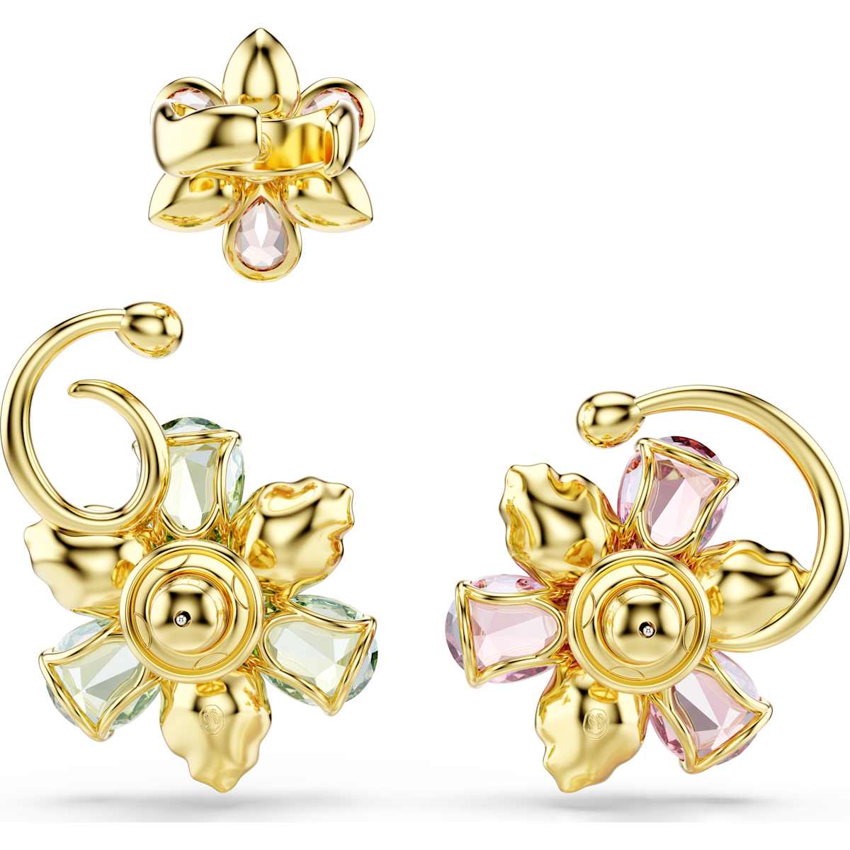 Idyllia ear cuff, Set (3), Asymmetrical design, Mixed cuts, Flower, Multicolored, Gold-tone plated - Image 4