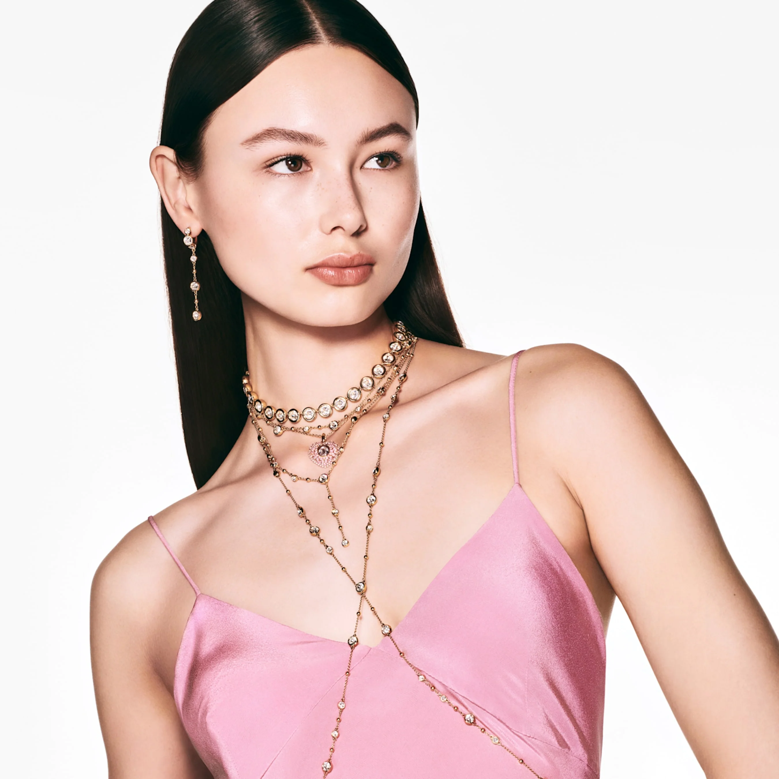 Imber Y necklace Round cut, Scattered design, White, Gold-tone plated - Image 6