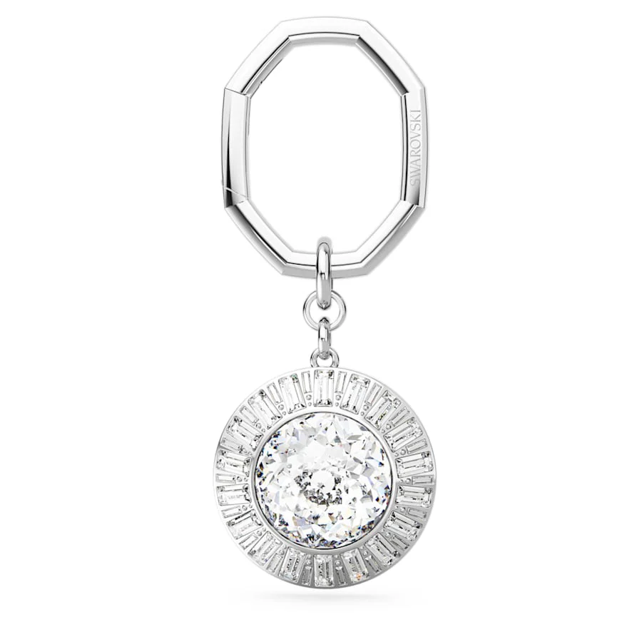 Key ring Round cut, White, Rhodium plated