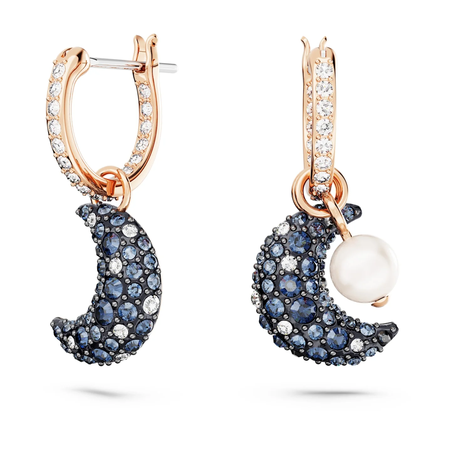 Luna drop earrings Asymmetrical design, Moon, Multicolored, Rose gold-tone plated