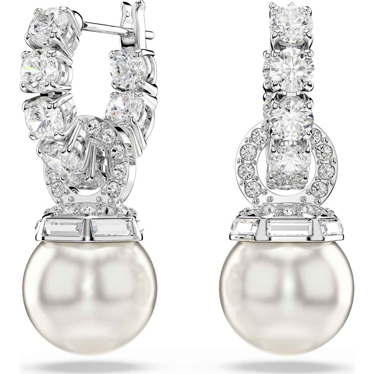 Matrix drop earrings Crystal pearl, Round cut, White, Rhodium plated