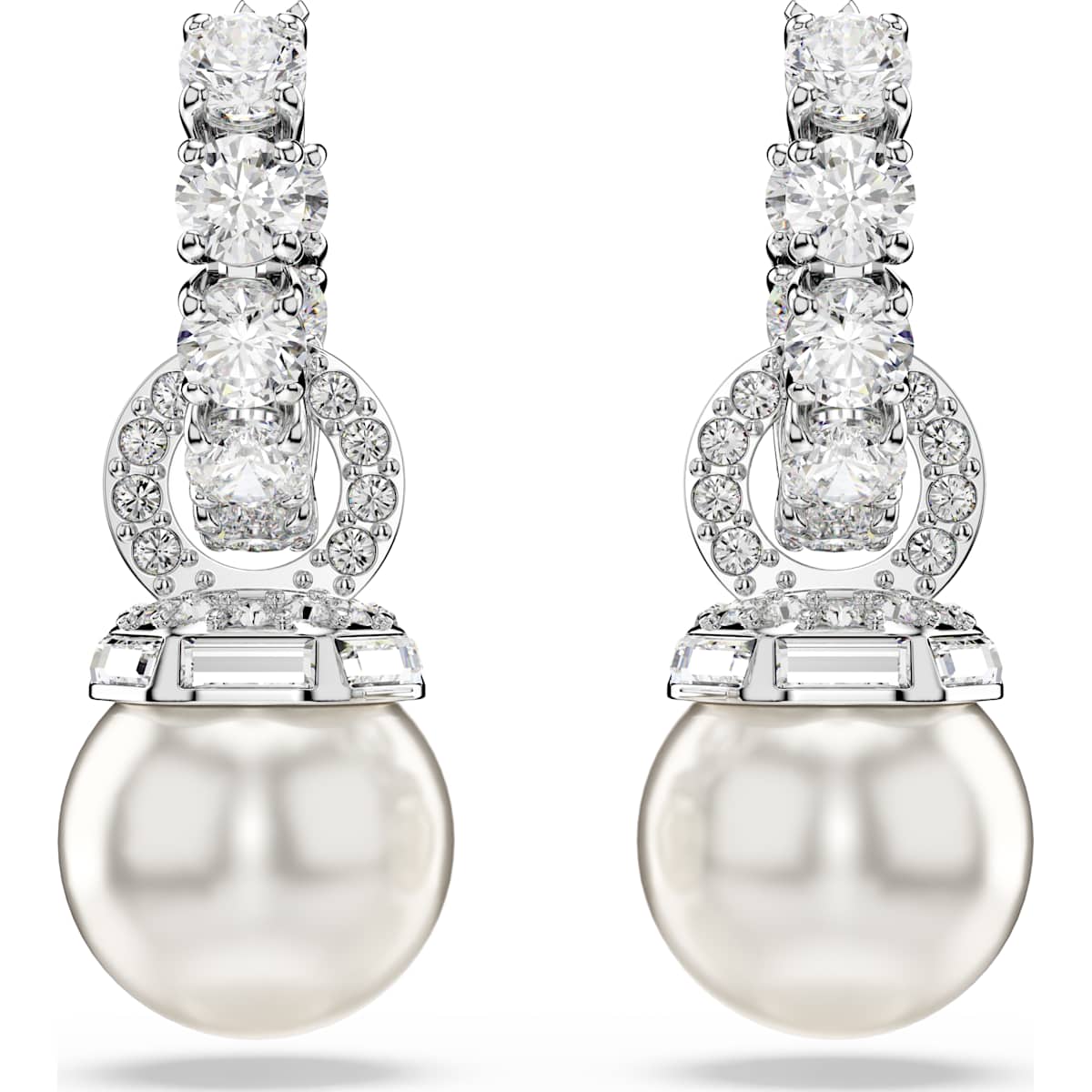 Matrix drop earrings Crystal pearl, Round cut, White, Rhodium plated - Image 2