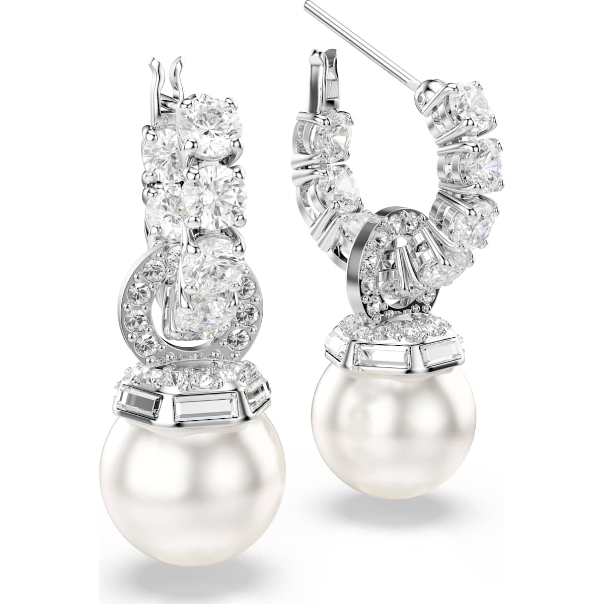 Matrix drop earrings Crystal pearl, Round cut, White, Rhodium plated - Image 3