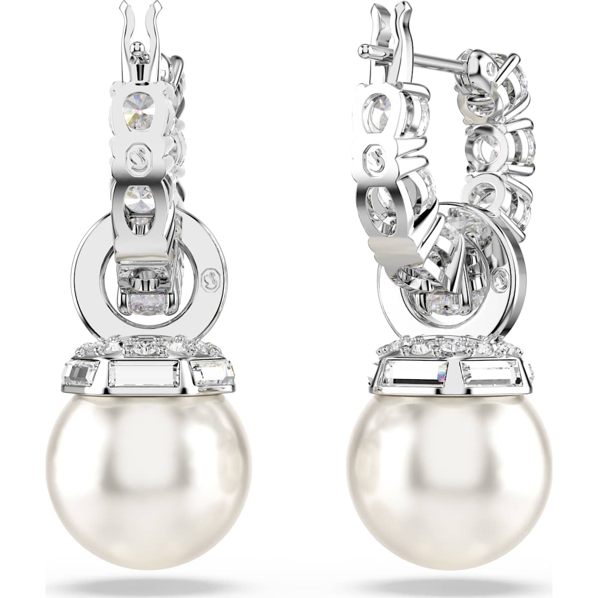 Matrix drop earrings Crystal pearl, Round cut, White, Rhodium plated - Image 4