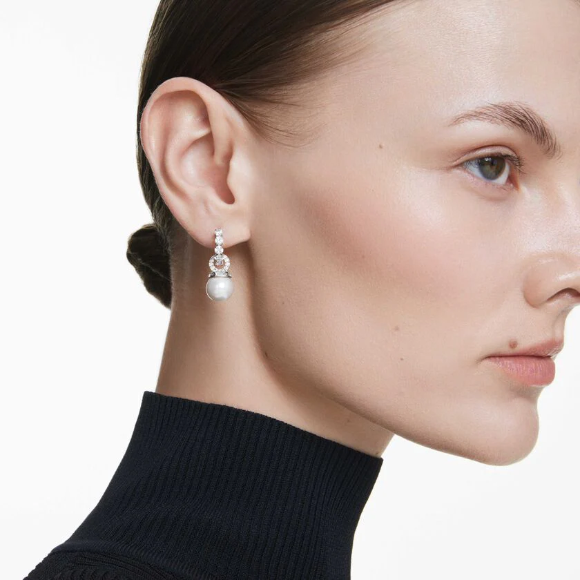 Matrix drop earrings Crystal pearl, Round cut, White, Rhodium plated - Image 5