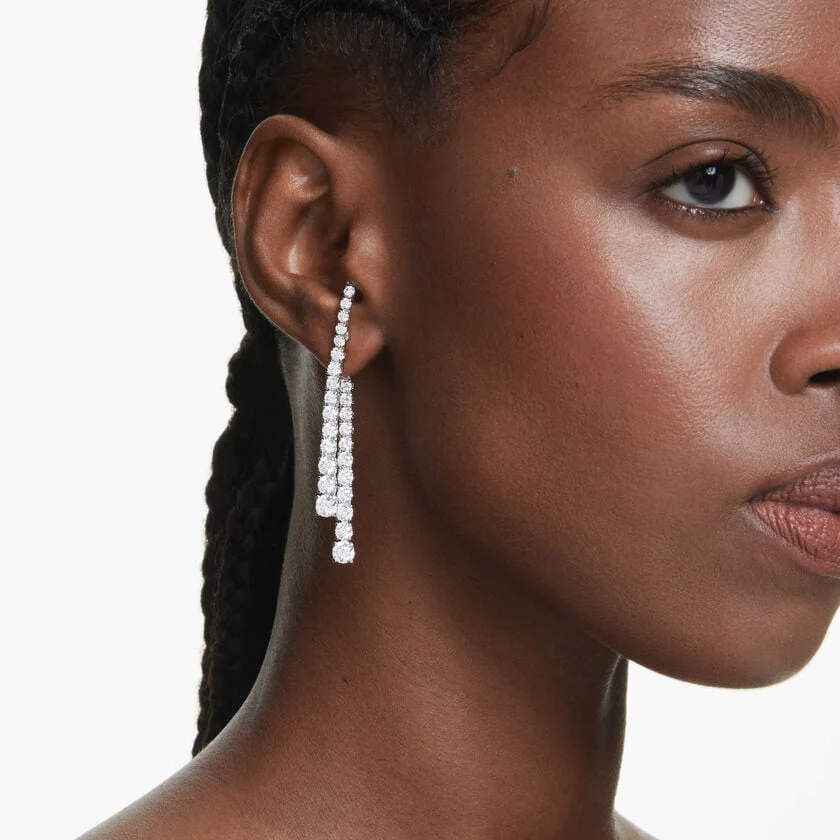 Matrix drop earrings Gradient of round cuts, White, Rhodium plated - Image 5