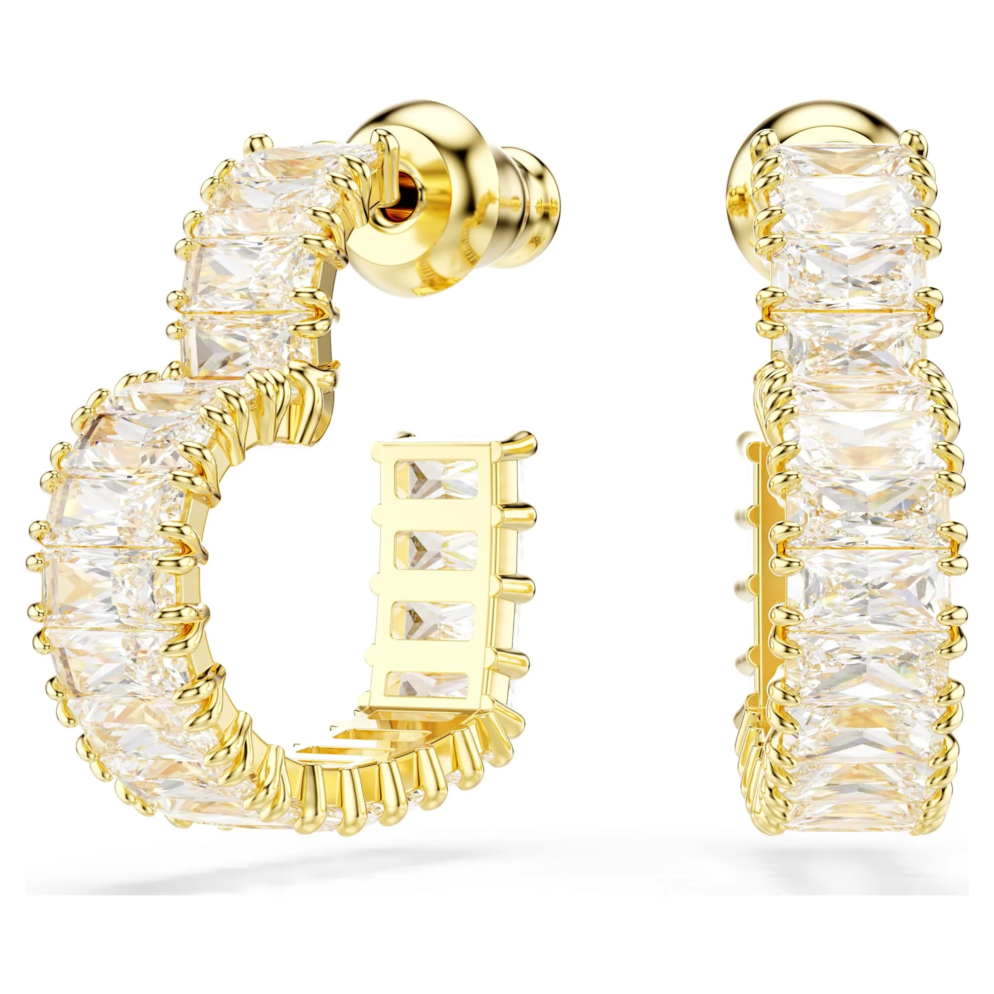 Matrix hoop earrings Baguette cut, Heart, Small, White, Gold-tone plated