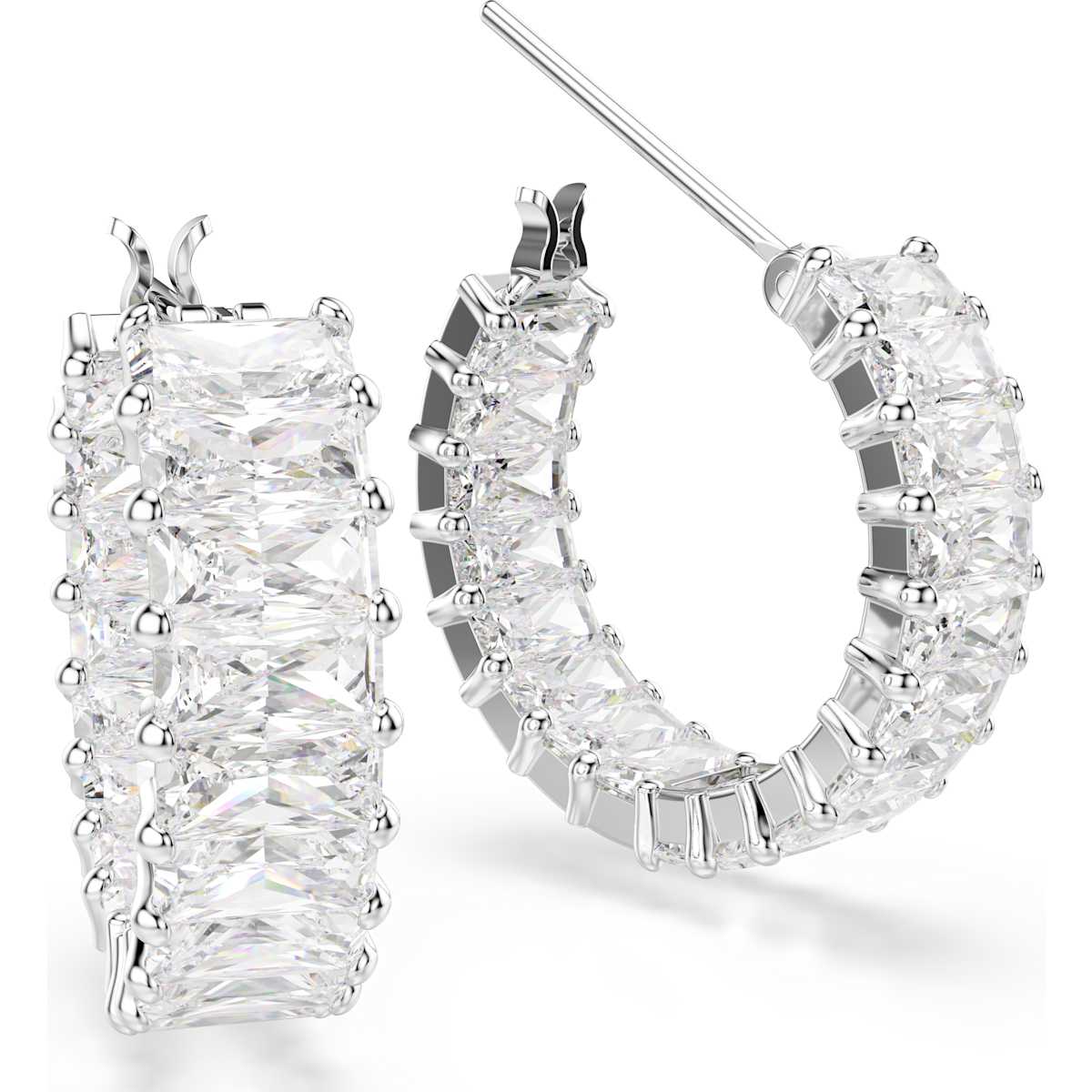 Matrix hoop earrings, Baguette cut, White, Rhodium plated - Image 3