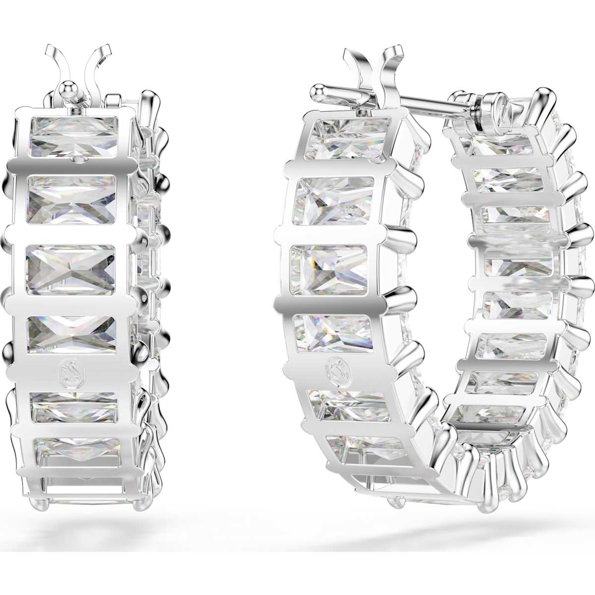 Matrix hoop earrings, Baguette cut, White, Rhodium plated - Image 4