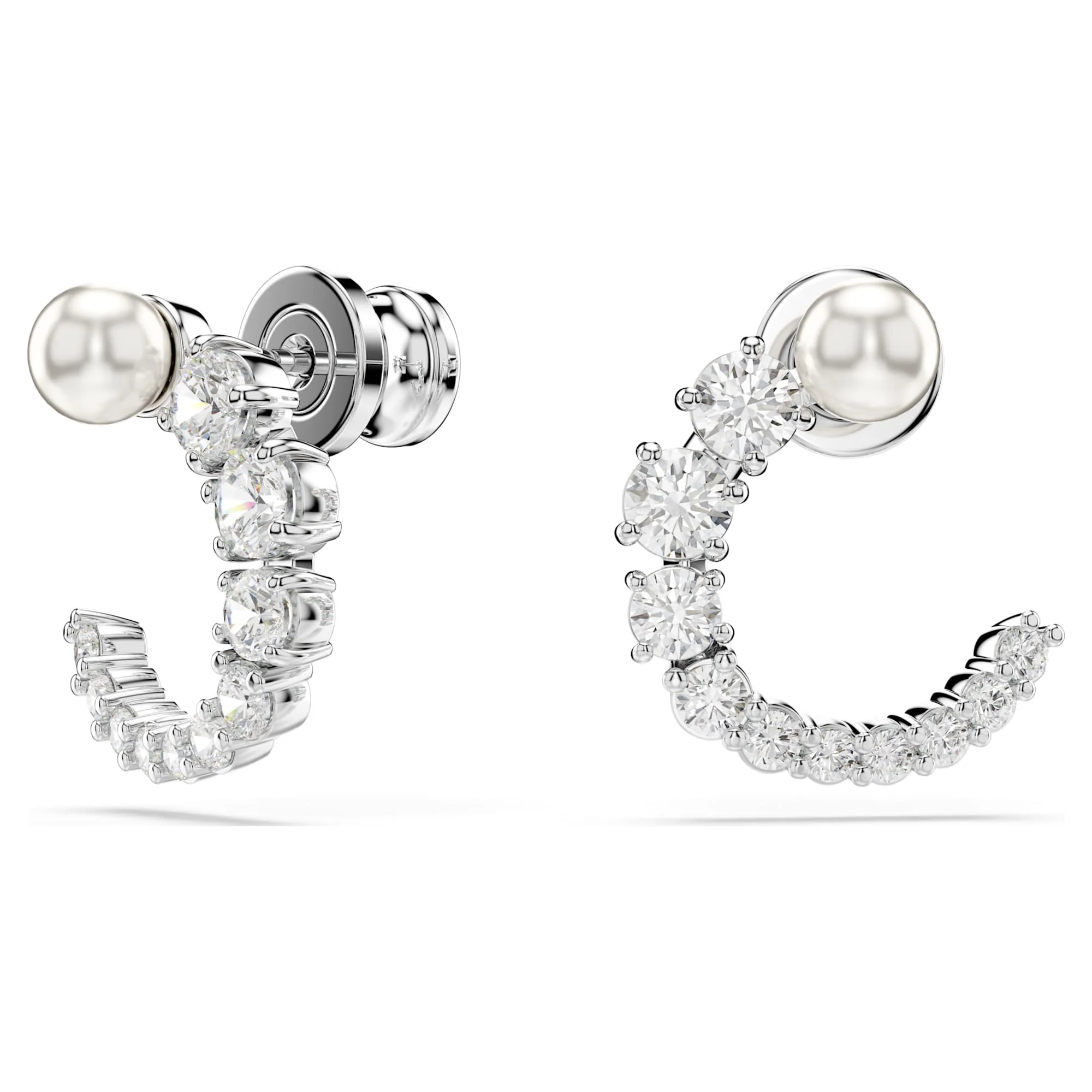 Matrix hoop earrings Crystal pearl, Round cut, White, Rhodium plated - Image 2