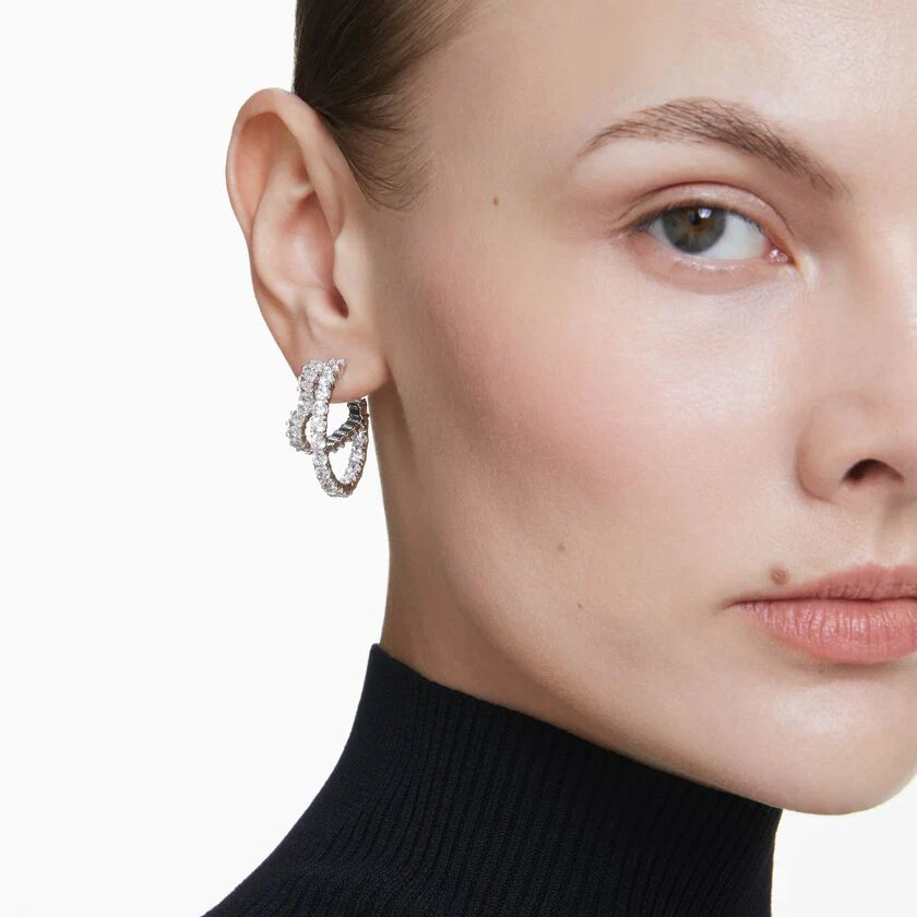 Matrix hoop earrings Mixed cuts, Heart, White, Rhodium plated - Image 5