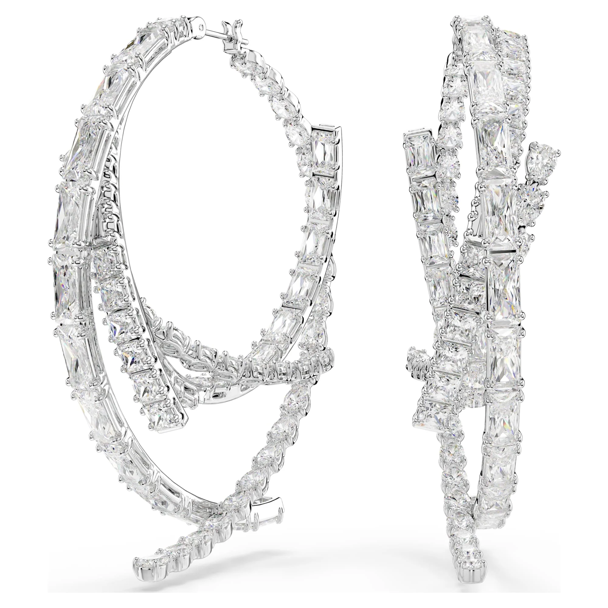 Matrix hoop earrings Mixed cuts, White, Rhodium plated
