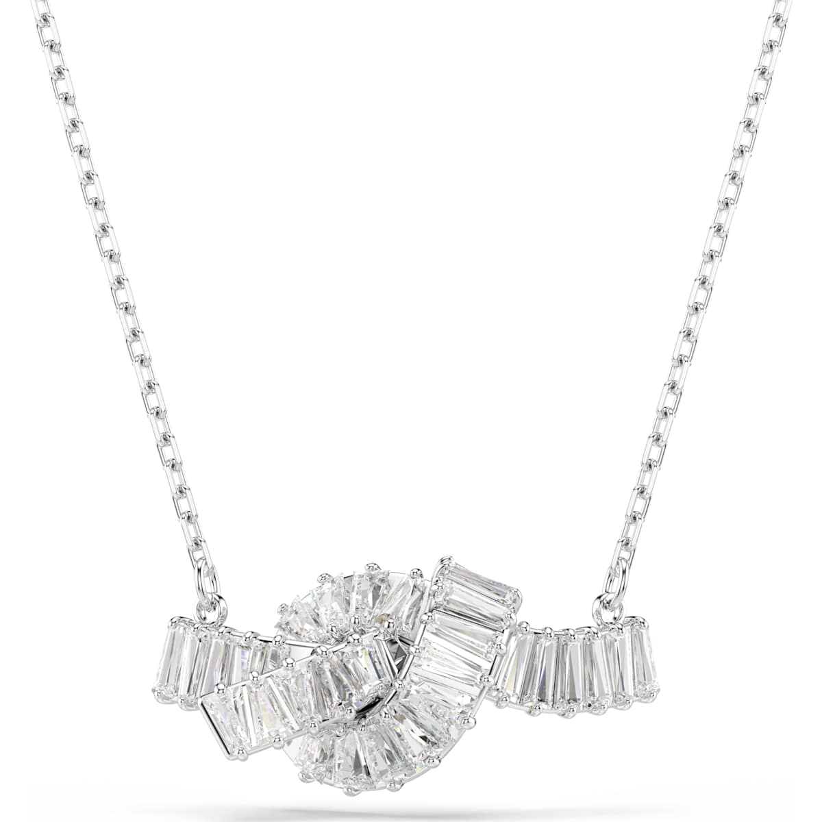 Matrix pendant, Baguette cut, Knot, White, Rhodium plated