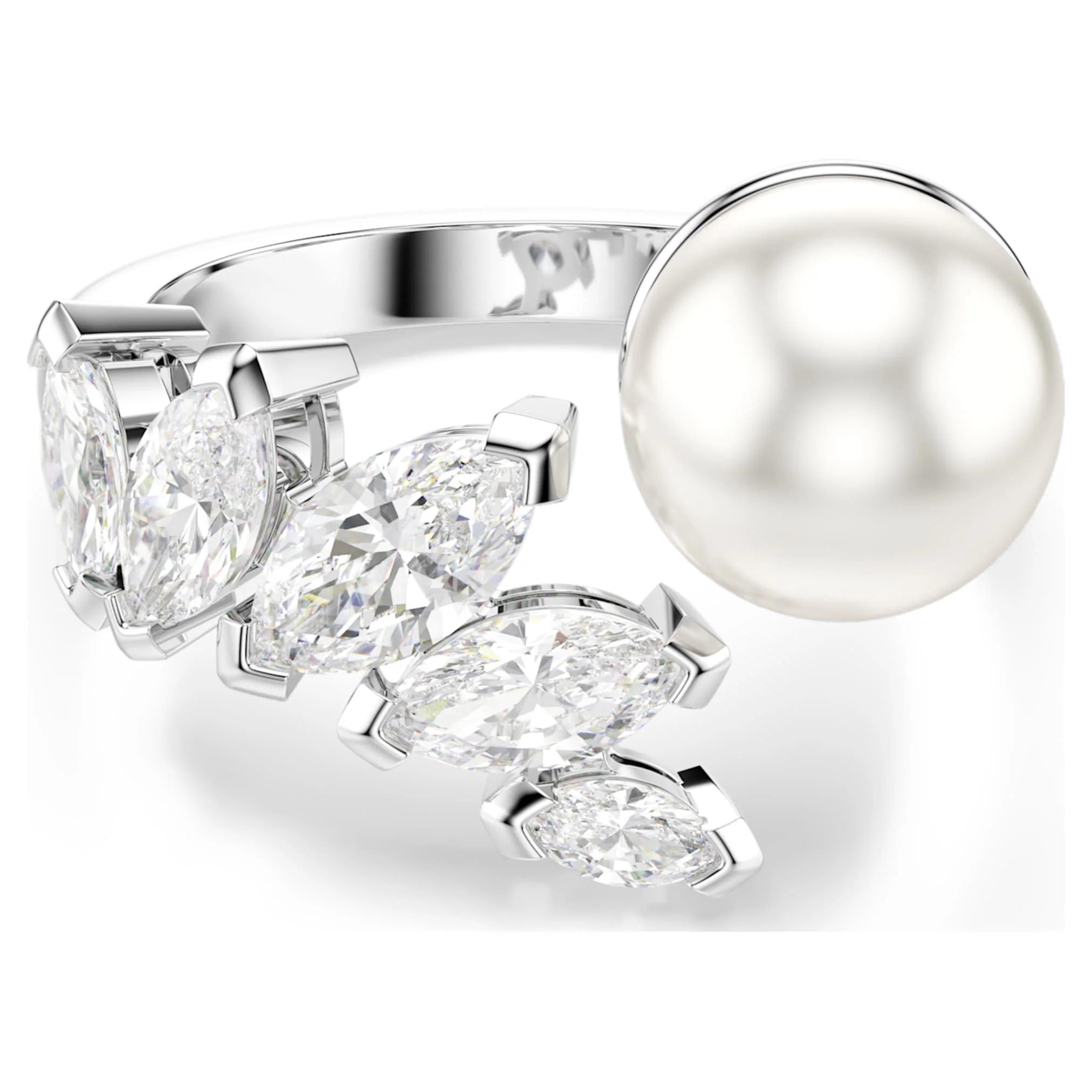 Mesmera open ring Crystal pearl, Marquise cut, White, Rhodium plated