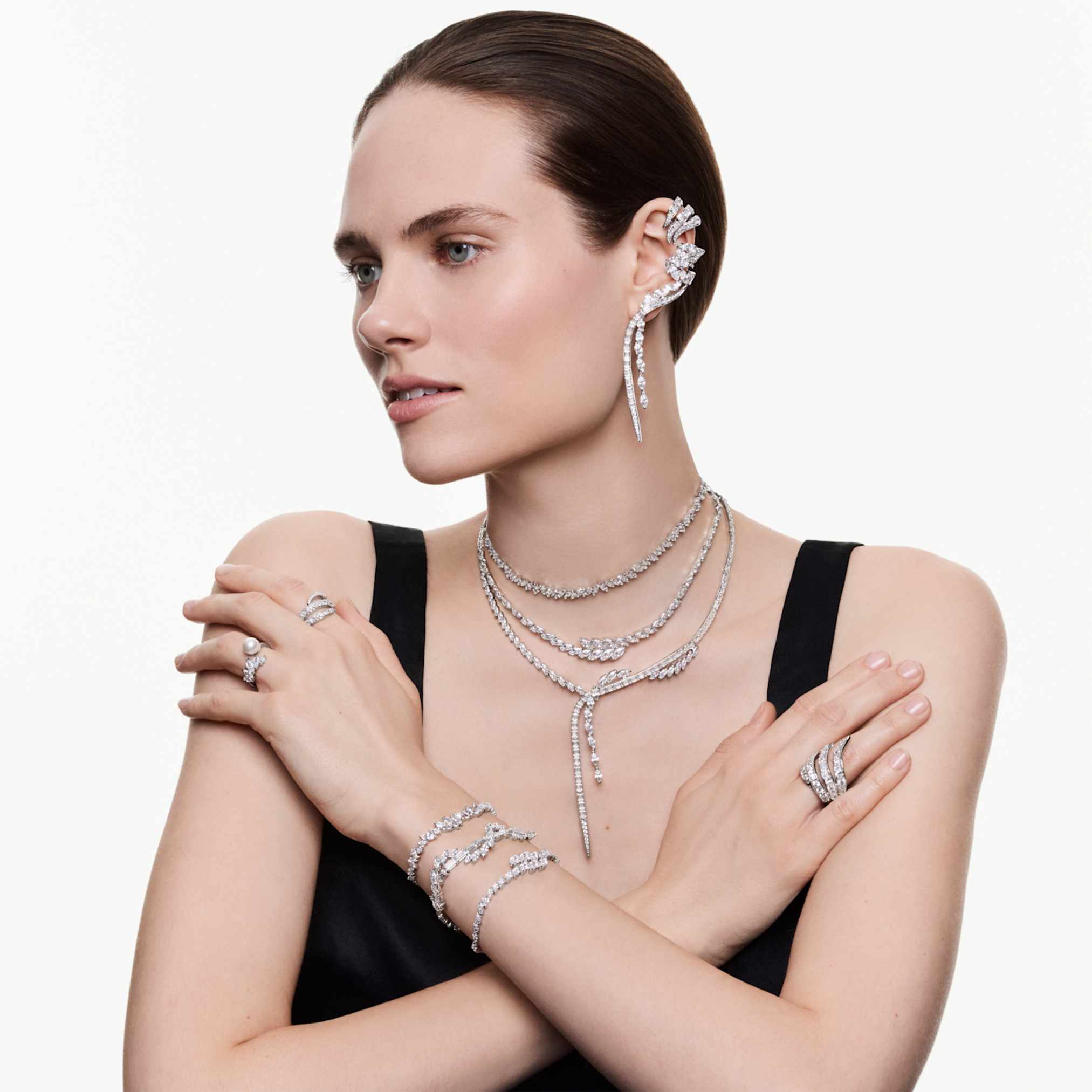 Mesmera Y necklace Mixed cuts, White, Rhodium plated - Image 6