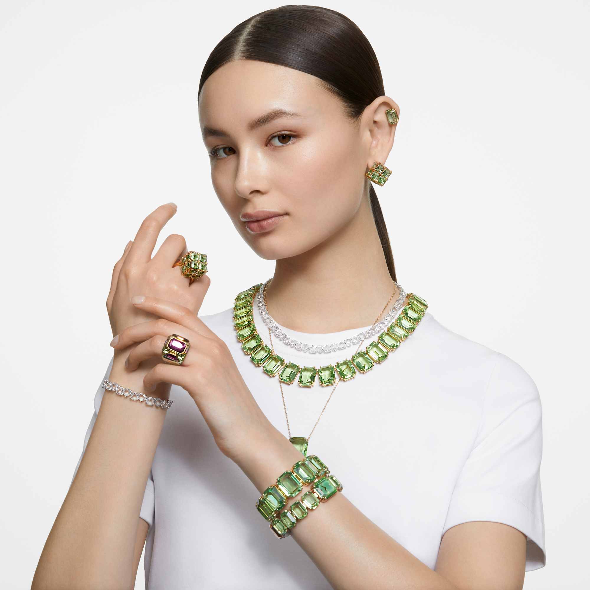 Millenia Tennis necklace Oversized crystals, Octagon cut, Green, Gold-tone plated - Image 7