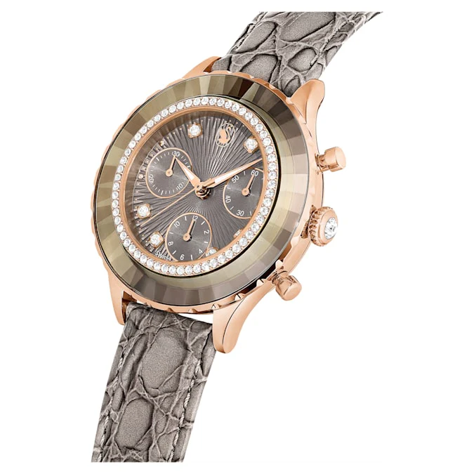 Octea Chrono watch Swiss Made, Leather strap, Gray, Rose gold-tone finish - Image 4