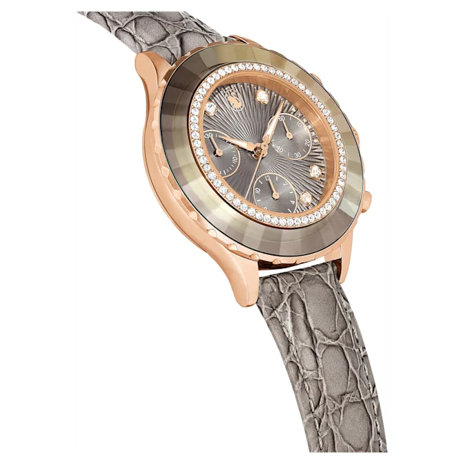Octea Chrono watch Swiss Made, Leather strap, Gray, Rose gold-tone finish - Image 5