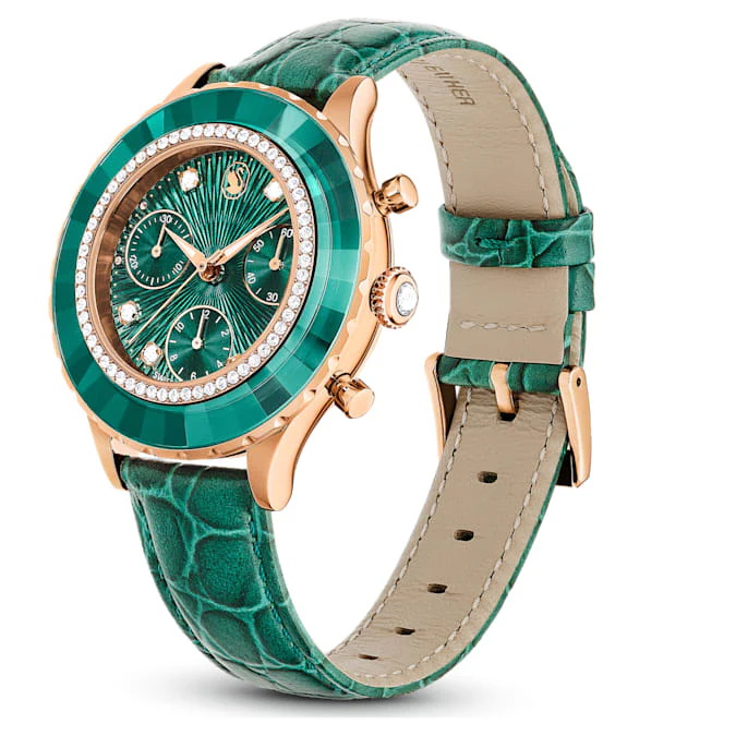 Octea Chrono watch Swiss Made, Leather strap, Green, Rose gold-tone finish - Image 3
