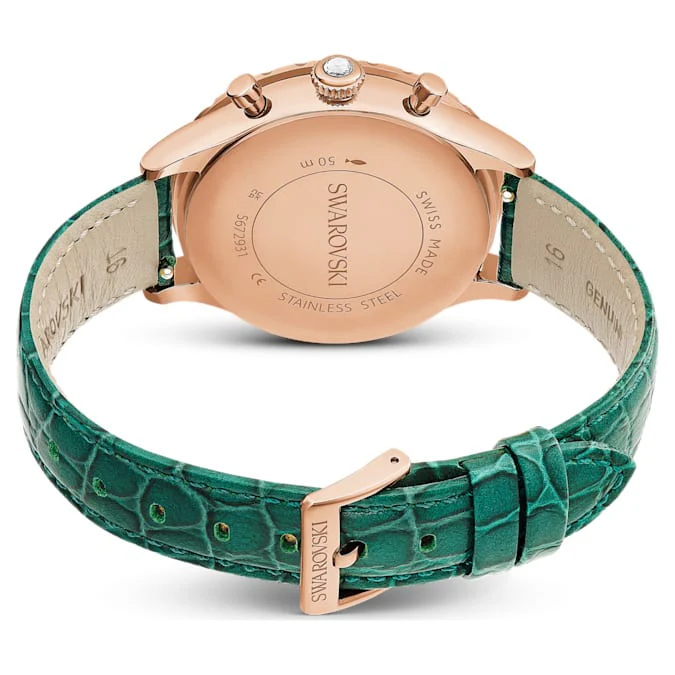 Octea Chrono watch Swiss Made, Leather strap, Green, Rose gold-tone finish - Image 4