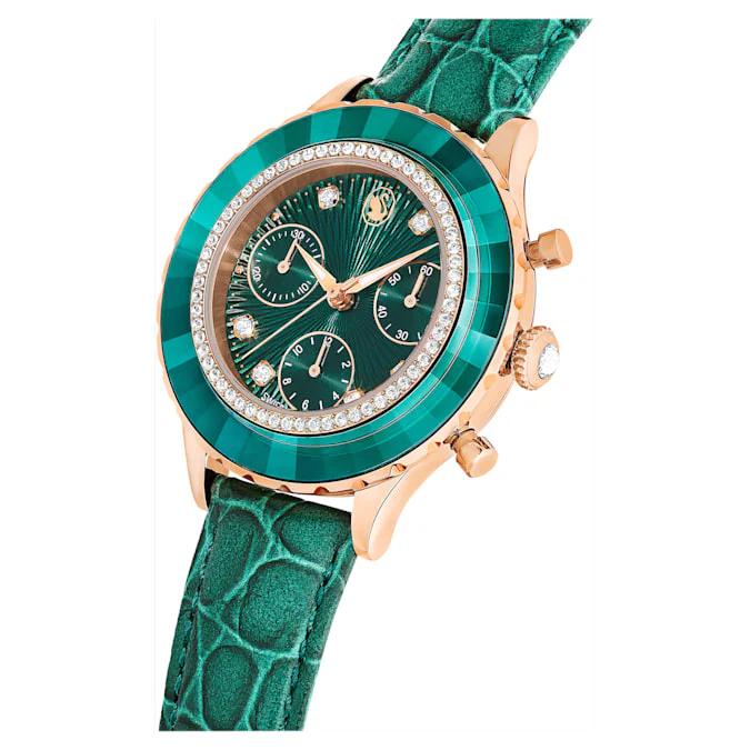 Octea Chrono watch Swiss Made, Leather strap, Green, Rose gold-tone finish - Image 5