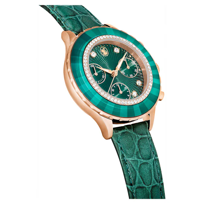 Octea Chrono watch Swiss Made, Leather strap, Green, Rose gold-tone finish - Image 6