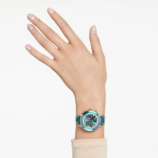 Octea Chrono watch Swiss Made, Leather strap, Green, Rose gold-tone finish - Image 9