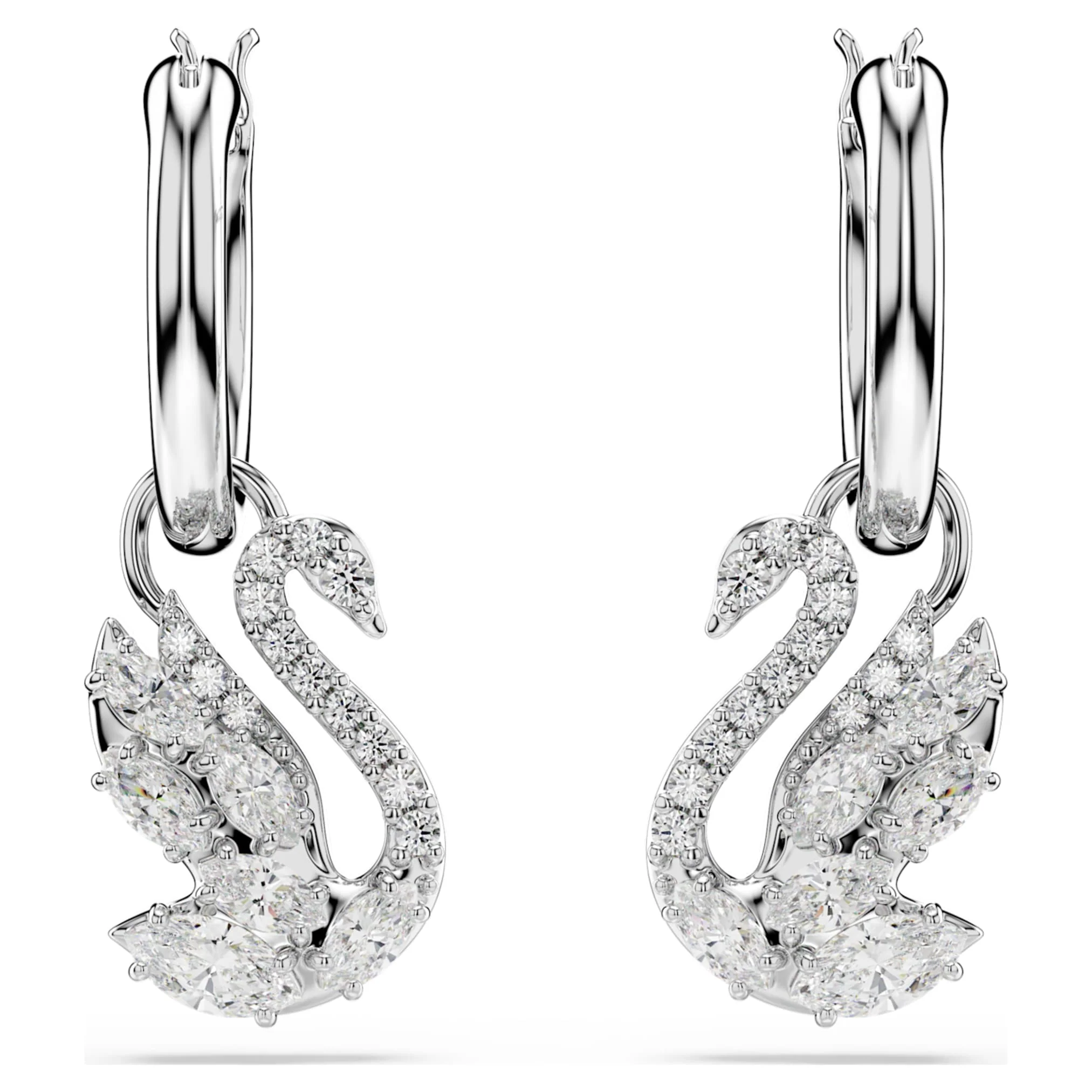 Swan drop earrings Mixed cuts, Swan, White, Rhodium plated - Image 2