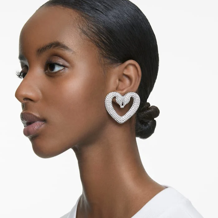 Una clip earrings Heart, Medium, White, Rhodium plated - Image 3